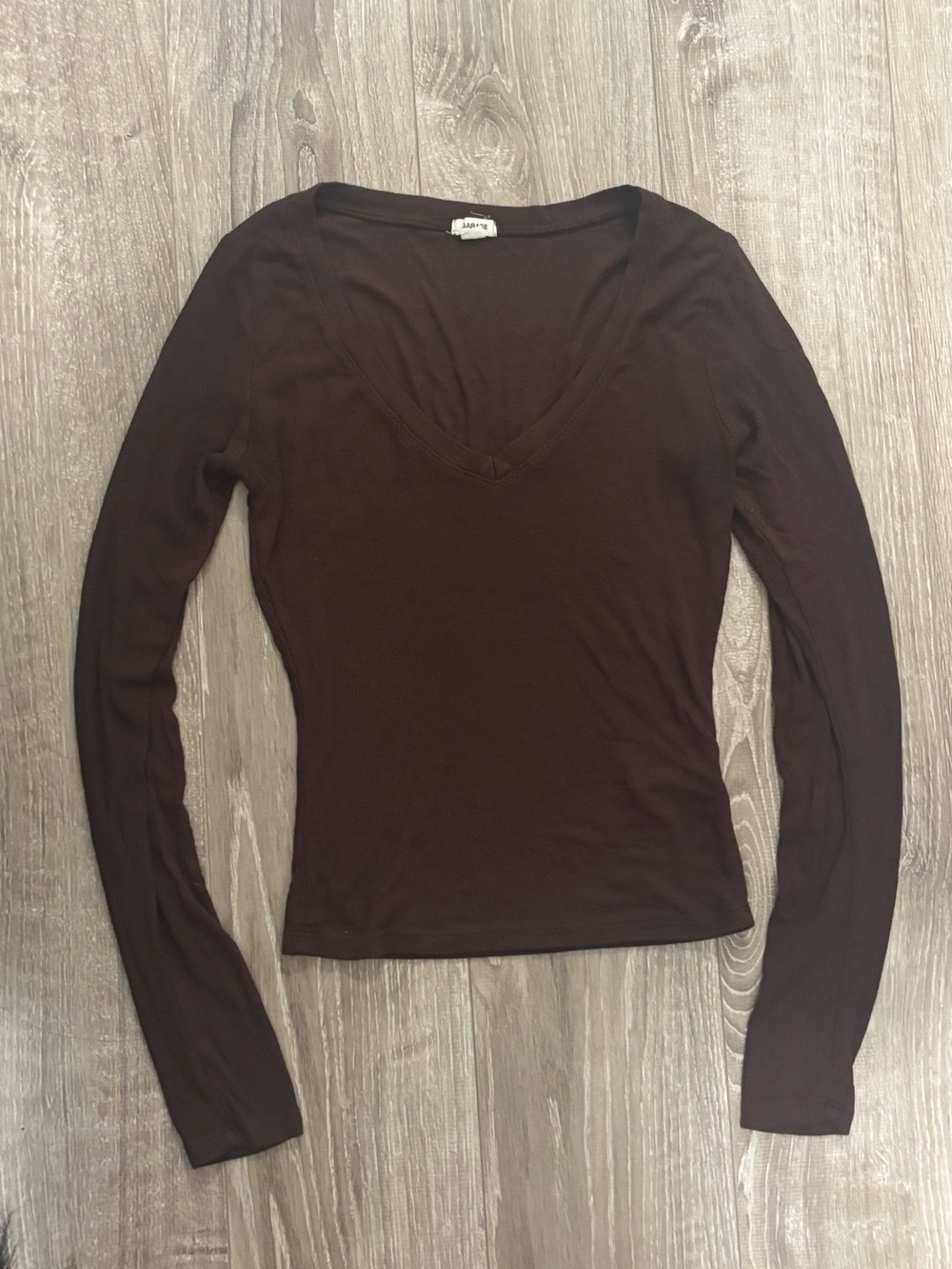 Garage Ribbed Brown V Neck Top